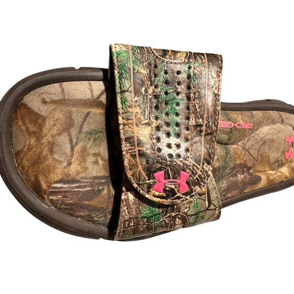 🍒 2/$20 🍒 Under Armour Youth Camo Slides Size 5Y Brown & Pink Adjustable Strap - Picture 2 of 5